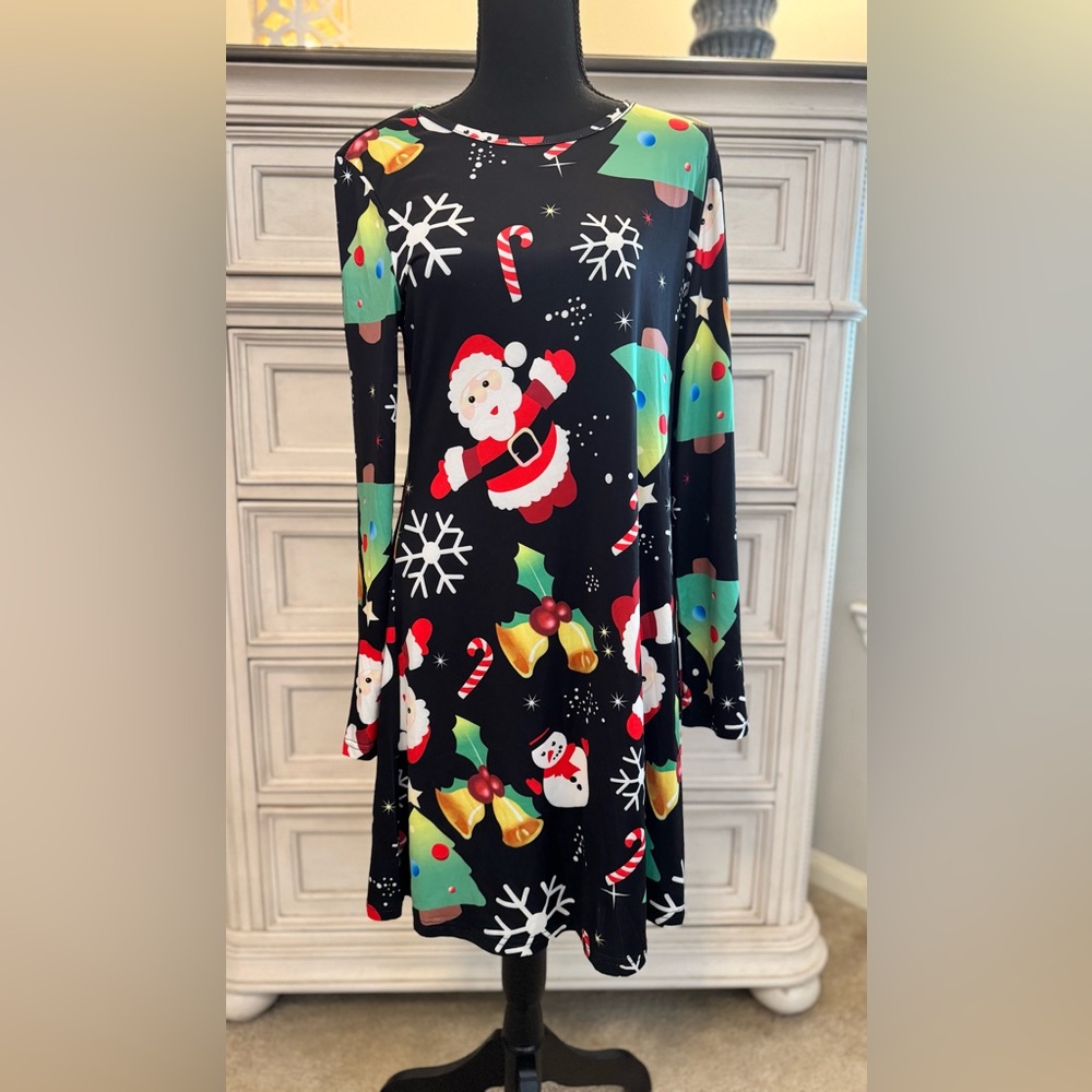 Festive Christmas Dress with Santa and Holiday Prints - Size Medium